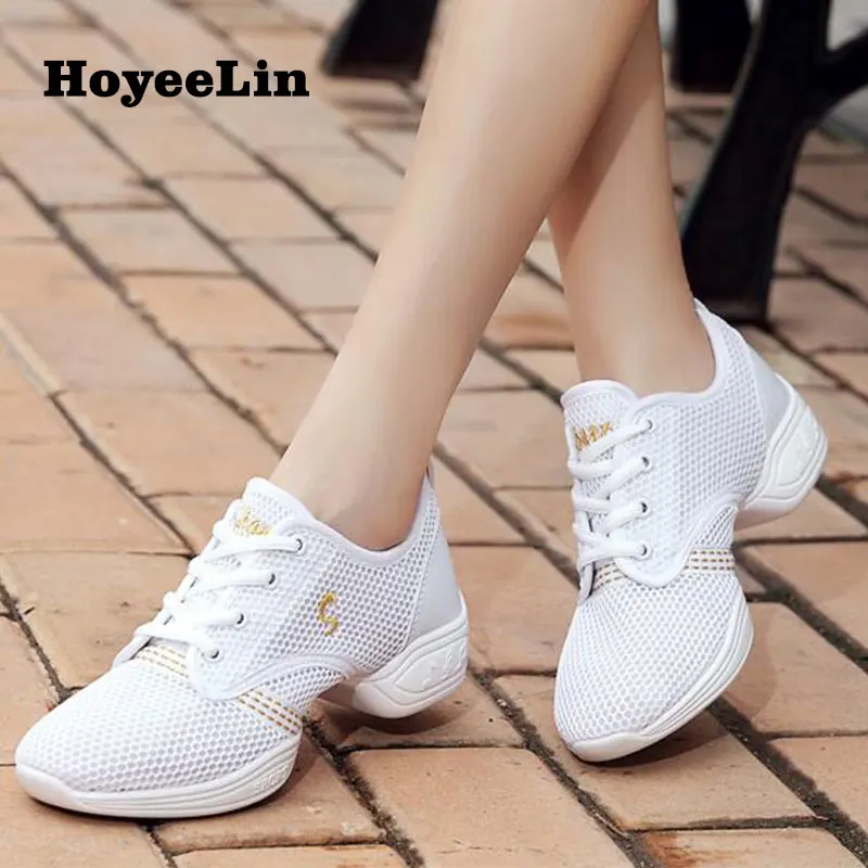 White Gold HoYeeLin/Обувь для джаза; женская дышащая обувь с сеткой; мягкая подошва; современные танцевальные кроссовки; легкая обувь для занятий танцами; обувь для фитнеса - Цвет: White Gold