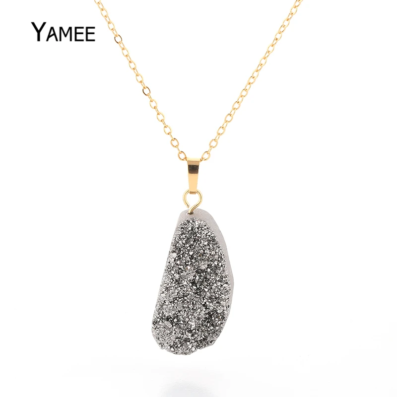 Yamee Irregular Crystal Pendant Necklaces big Druzy Natural Stone Gold Plating Chain Long For Women | Украшения и аксессуары