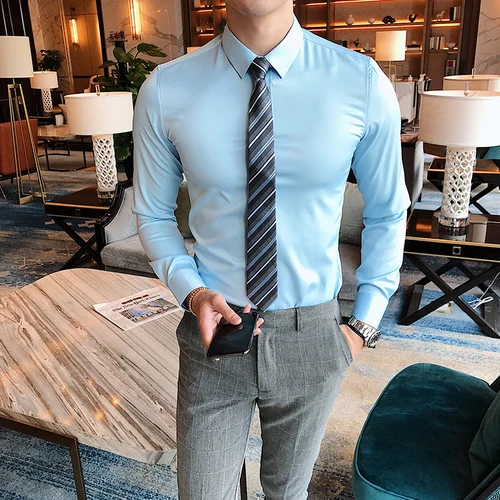 Light blue Новинка года для мужчин бутик моды сплошной цвет официальный бизнес рубашки с длинными рукавами/для мужчин's узкое свадебное платье рубашк - Цвет: Light blue