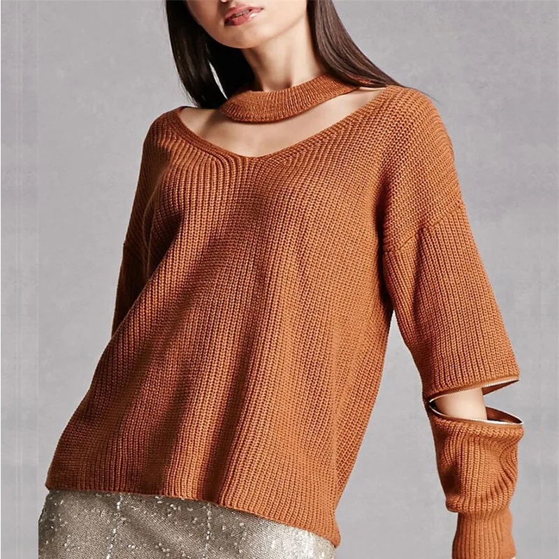 Loose Solid Women Sweaters and Pullovers V Neck Halter Coat Long Sleeve Jumper | Женская одежда