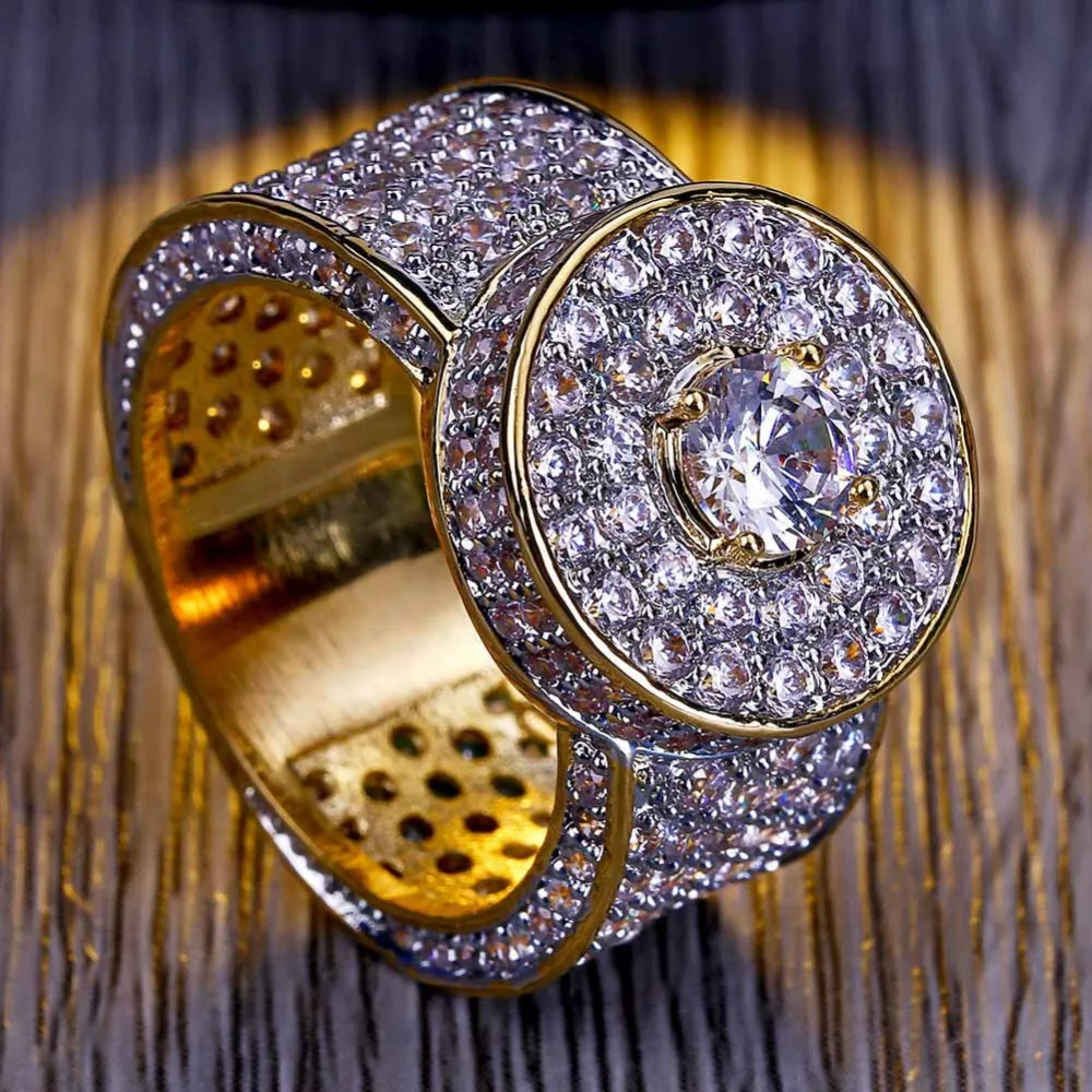 

Bling Men's Gold Color Hip Hop Iced Red Stone Rhinestone Cz Ring Size Available Luxury Women Ring Mens Fashion Finger Ring