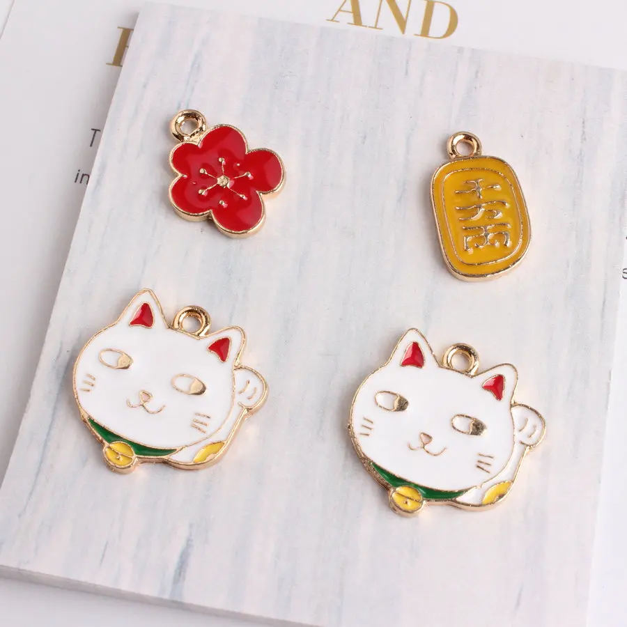 

Wholesale 60PCs Enamel Red Flower Charms Yellow Coin Animal Cute Cat Floating Pendant Charms Gold Color Plated Oil Drop Ornament