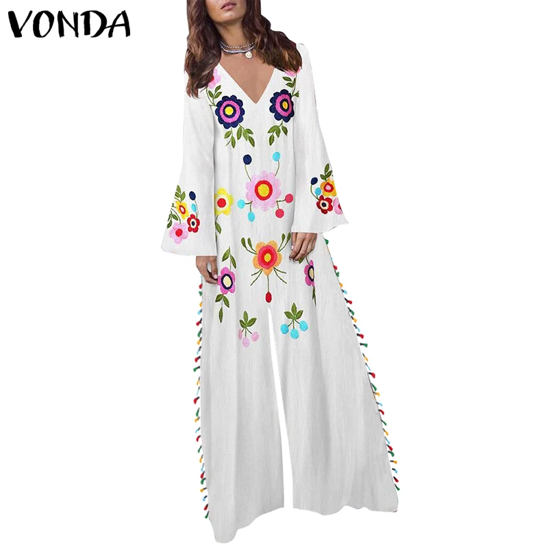 VONDA/праздничное осеннее платье, богемное праздничное платье с цветочным принтом и кисточками, винтажное платье с длинным рукавом, женское платье размера плюс