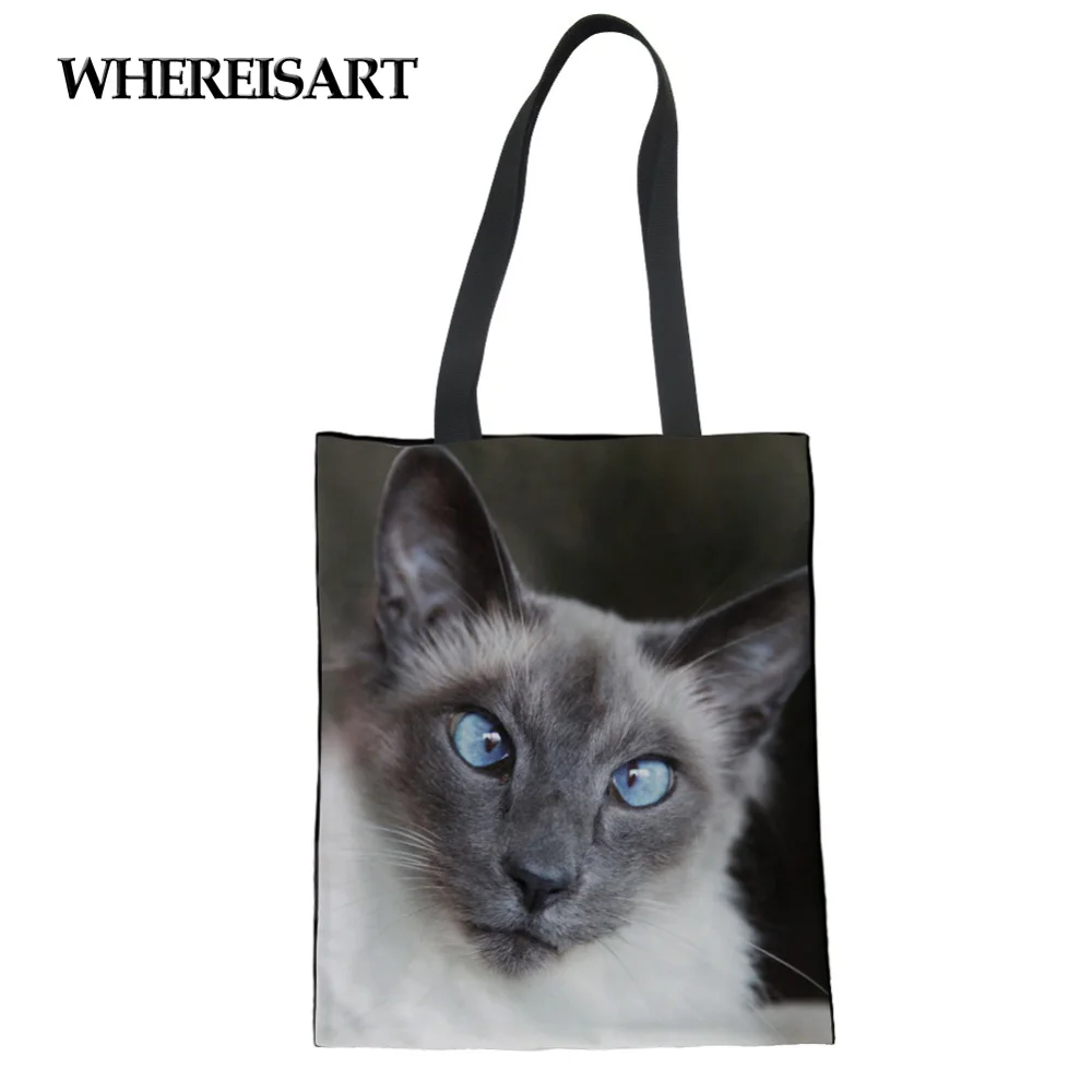 WHEREISART Siamese женская сумка шоппер с принтом кота сумки через плечо Экологичная для