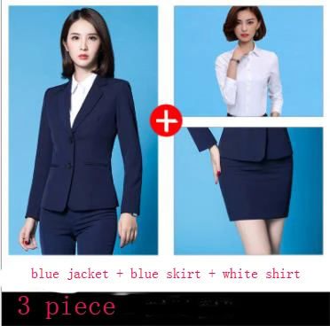 blue suit 3piece Корейский профессиональный женский комплект размера плюс, новинка, черная, синяя юбка, брючный костюм, офисный костюм для женщин, Блейзер, брюки, рубашка - Цвет: blue suit 3piece