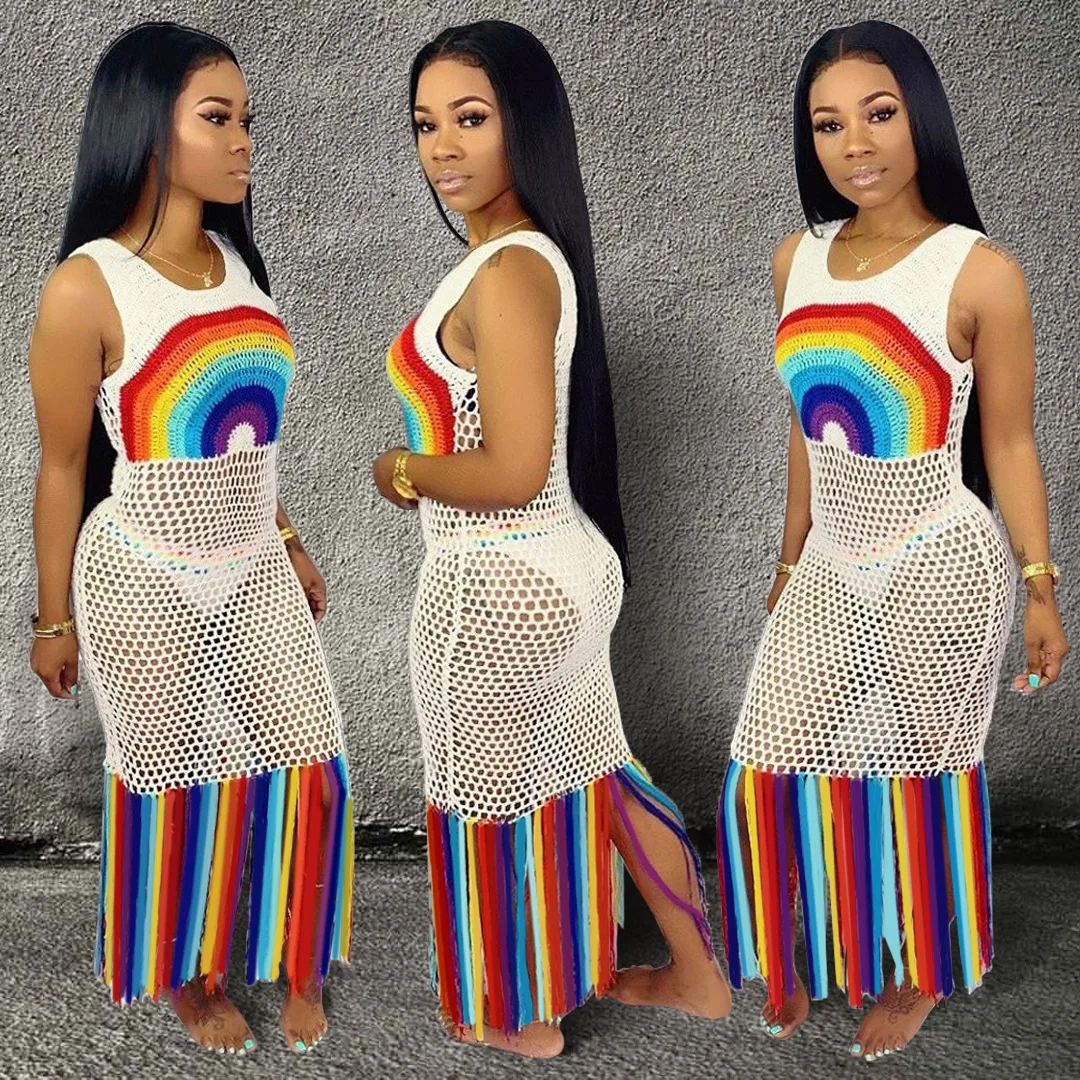 Радужное сексуальное пляжное платье с кисточками в стиле бохо женское ажурное