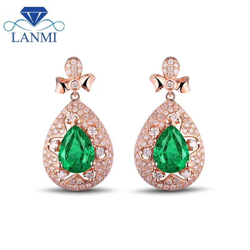 

Romantic Solid 18K Rose Gold Green Emerald 6x8mm Pear Cut Gemstone Diamond Wedding Earrings Wholesale Fine Jewelry WU267