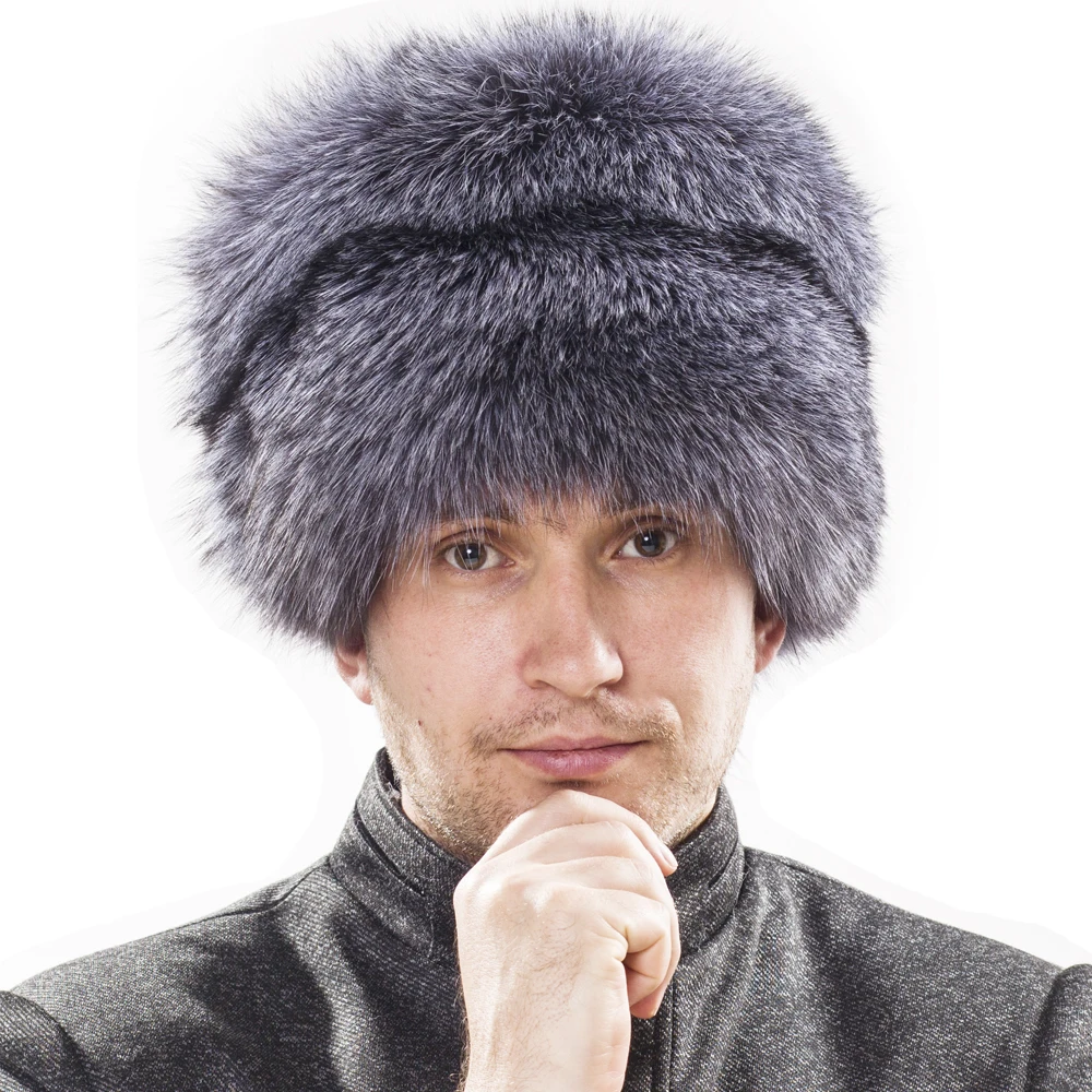 YECHNE Russian Mongolian Natural Silver Fox Fur Skullies Hat With Whole Fox Tail Winter Soft Beanies Hats