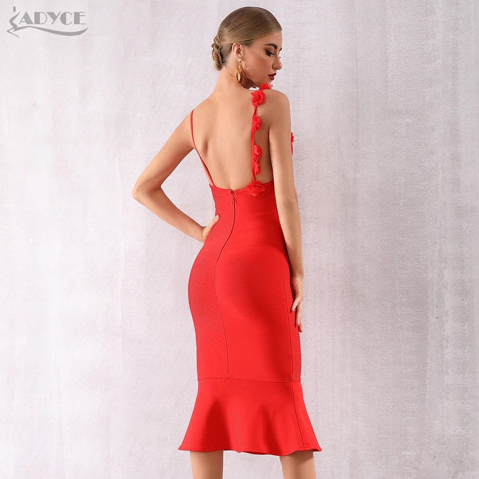 Женское облегающее платье миди Adyce красное бандажное на тонких бретелях с