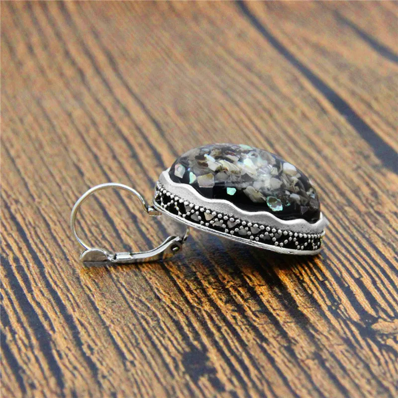 Большой овальный Shell Серьги Винтаж старинное серебро покрытием манжеты каменный