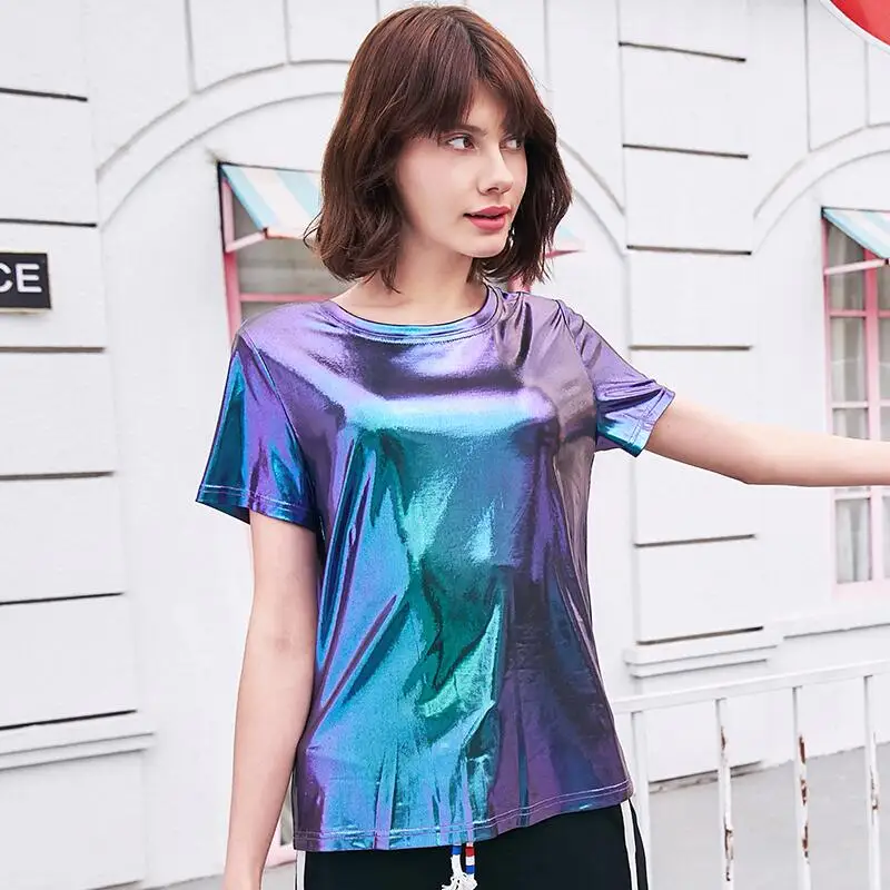 2018 летние цветные футболки с металлическим принтом женские модные лоскутные