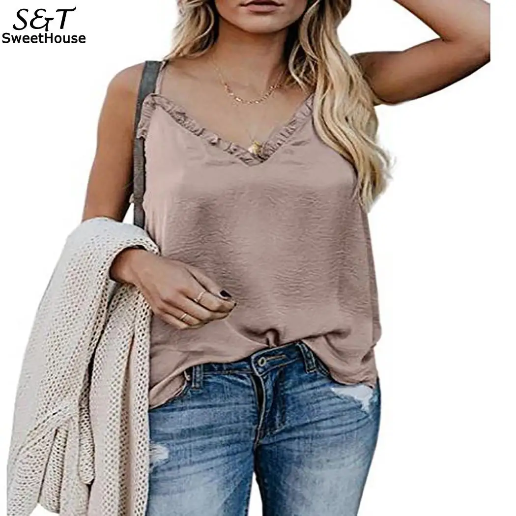 Женский модный Повседневный однотонный топ с v-образным вырезом без рукавов