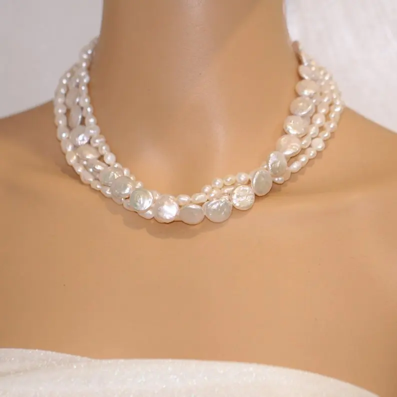 White Color Natural Freshwater Pearl Necklace 4rows Mixes Irregular Wedding Bridal Bridesmaid Gift Jewelry | Украшения и