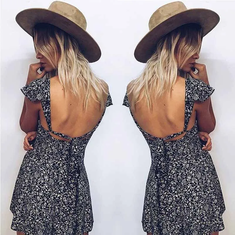 Wavaiov Vintage Wine Floral Print Boho Short Dress Women Backless High Waist Summer Sexy Beach Sundress Vestidos | Женская одежда