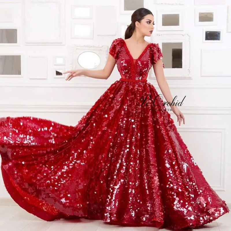 Женское вечернее платье с блестками PEORCHID элегантное красное рукавами крылышками