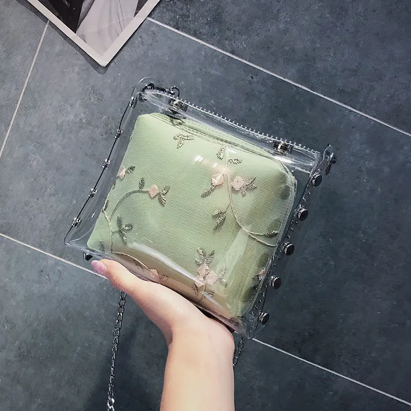 Transparent Jelly bag 2019 Summer New Quality Women's Designer Handbag Lace Flower Chain Shoulder Messenger Purses Bolsas | Багаж и