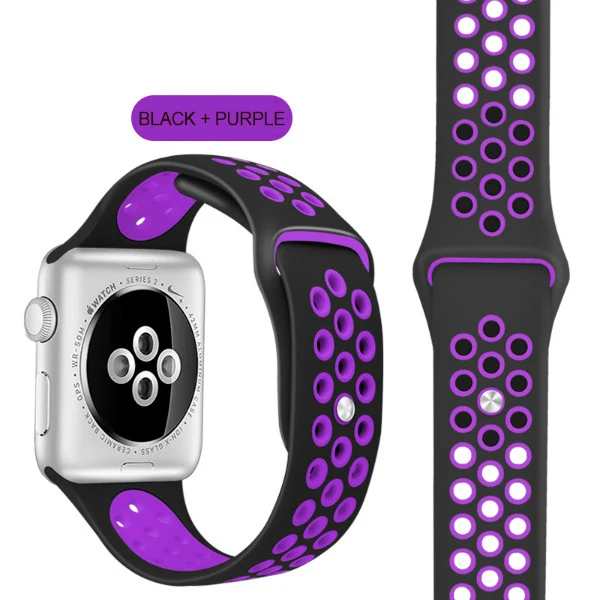 Black Purple Эластичный дышащий Силикон Спортивный ремешок для Apple Watch 5 4 3 2 1 42 мм 38 мм резиновые ремешки для Nike+ Iwatch 4 3 40 мм 44 мм - Цвет ремешка: Black Purple