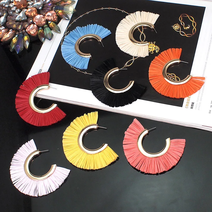 Женские серьги-пусеты MANILAI кисточка из рафии геометрические большого сплава