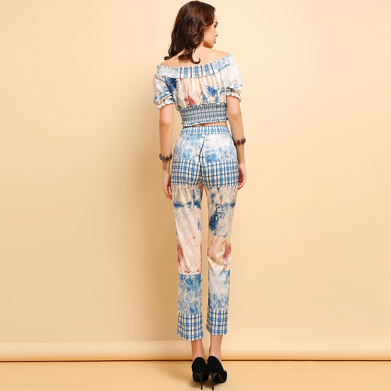 LD LINDA DELLA Fashion Summer Suits Women's Casual lantern Sleeve Elastica Tops+Elegant Floral Printed Long Pants 2 Pieces Set