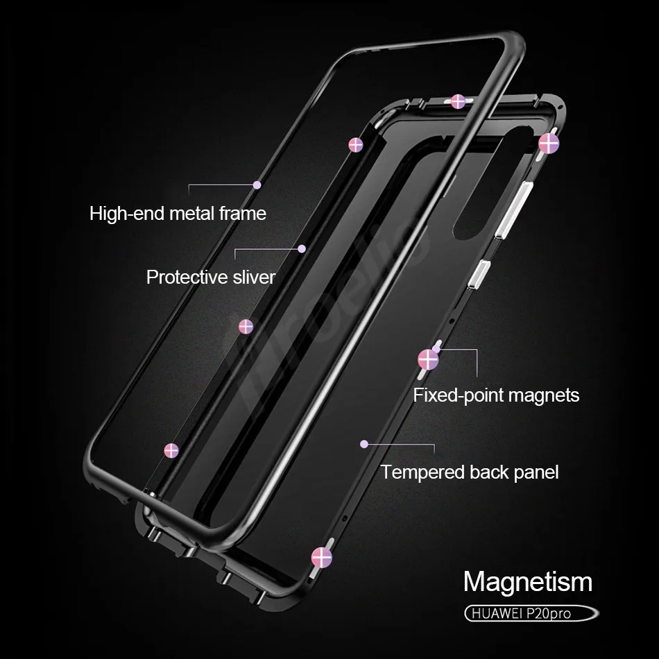 Proelio Magnetic Case For Huawei P20 Pro Toughed Clear Tempered Glass Aluminum Metal Magnet Adsorption Cover |