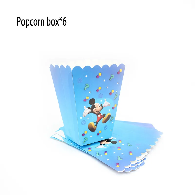 Popcorn Box 6pcs Микки Маус с днем рождения украшения одноразовые столовые приборы чашка тарелка соломенные салфетки мальчик синие вечерние принадлежности детский душ - Цвет: Popcorn Box 6pcs