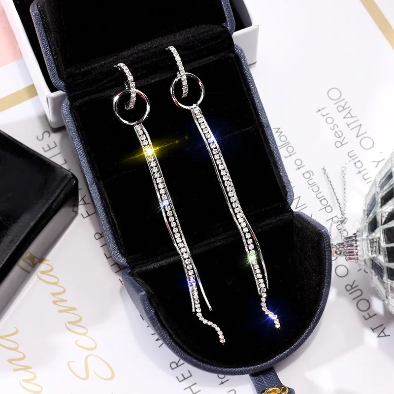 Silver DREJEW Korean Long Tassel Statement Circle Earrings 925 Gold Silver Blue Rose Alloy High Street Fashion Drop Earrings for Women - Metal Color: Silver
