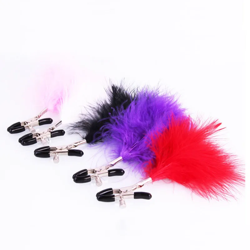 

pair feather nipple clamps shaking stimulate milk for men female breast plume clitoris clip Chastity Lover Game sex toys 3colors