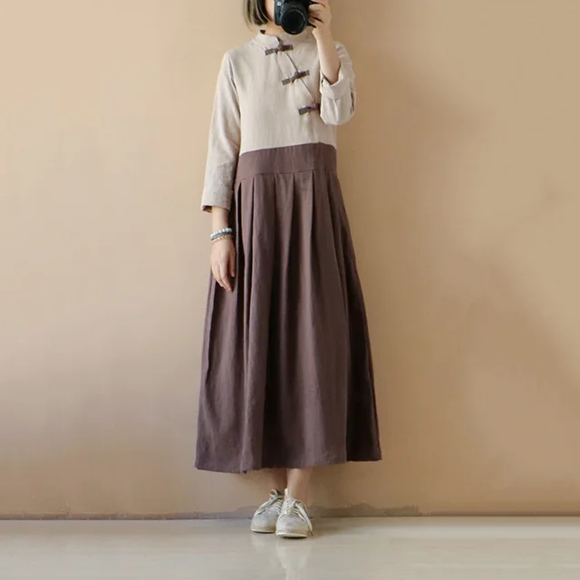 Весеннее Новое хлопковое льняное платье в ретро стиле с воротником-стойкой