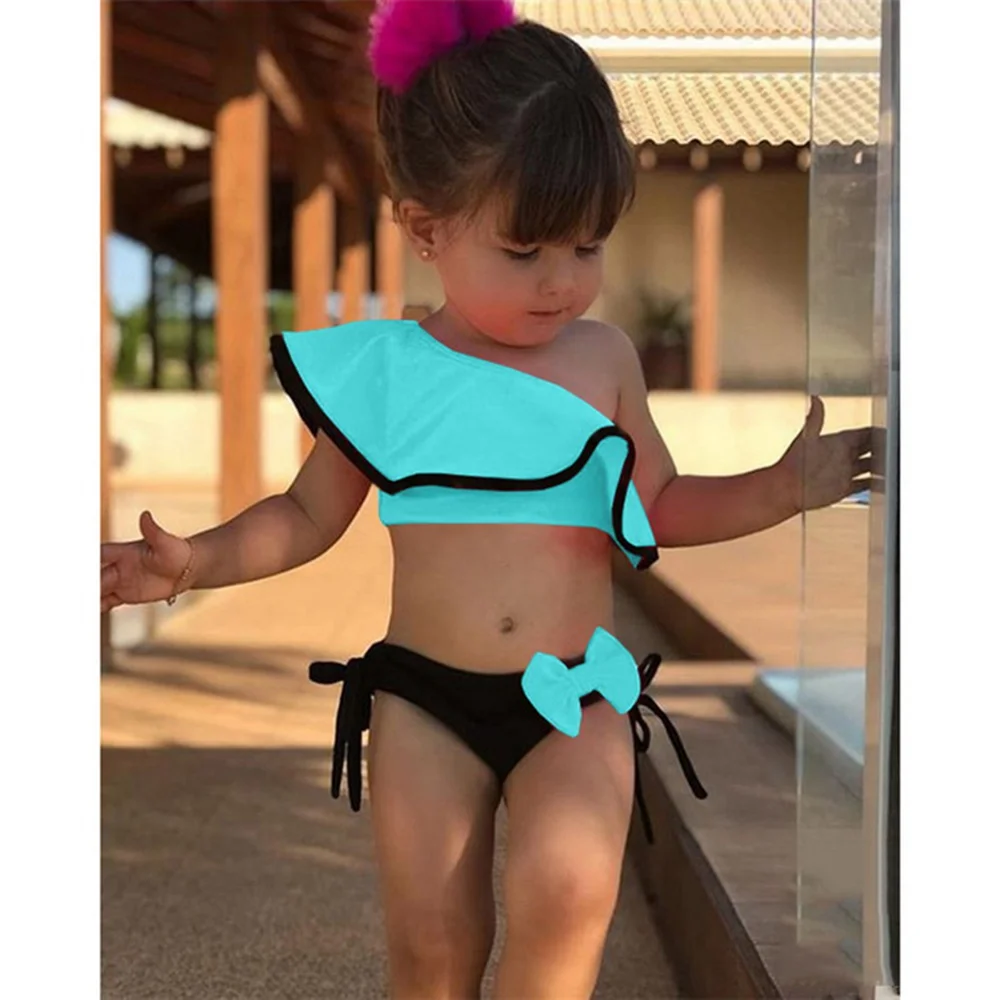 Blue 120cm (4-5Y) Loozykit/комплект из 2 предметов для маленьких девочек с открытыми плечами, комплект бикини с бантом, купальный костюм, купальный костюм пляжный купальный костюм, одежда для От 2 до 8 лет - Цвет: Blue 120cm (4-5Y)