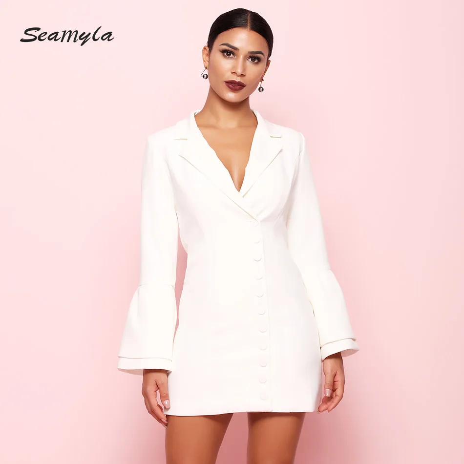 Seamyla, новинка, белые, черные, с зубчатым вырезом, тонкие блейзеры, элегантные, с расклешенными рукавами, однобортные, женские пальто, тонкие, летние, повседневные, верхняя одежда