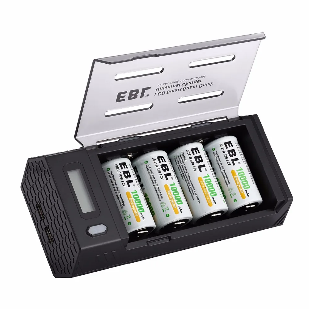 EBL 4 шт размер D R20 10000mAh перезаряжаемые батареи + зарядное устройство для AA AAA C 9V Ni-MH