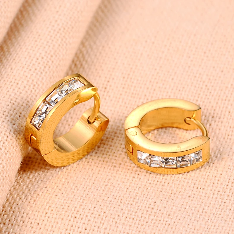 QianBei Fashion Fantastic Top Quality Gold Stainless Steel Studs Hoop womens Cubic Zircon Earrings HOT