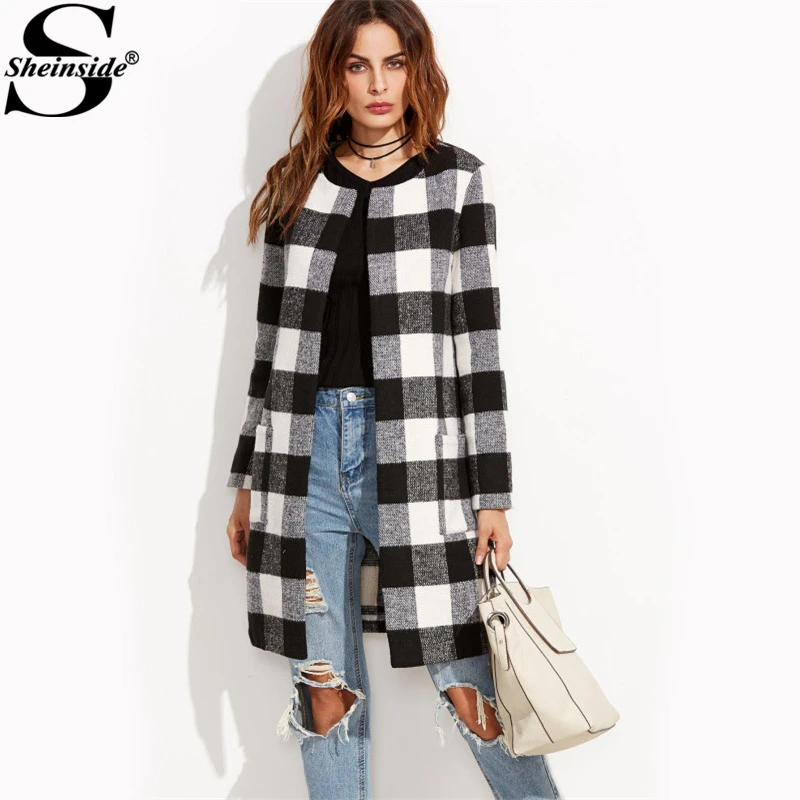Sheinside, клетчатое пальто без воротника, модное, с длинным рукавом, повседневное, зимнее, для девушек, для женщин, рабочая одежда, элегантное пальто