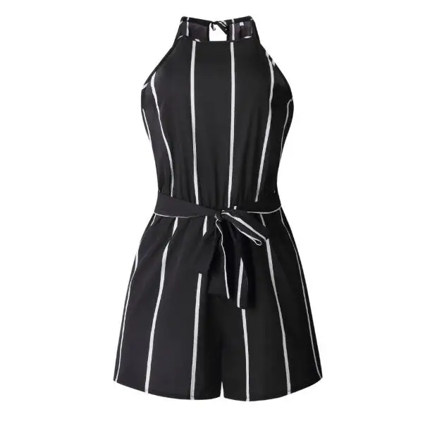 Lace up black white dark blue strip Sleeveless round neck Strappy Short Playsuit Striped Cami Belt woman beach Romper jumpsuit