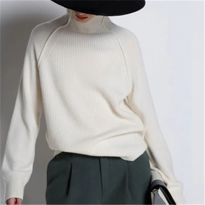 

high grade goat cashmere thick knit women fashion high collar pullover sweater solid color S-L retail wholesale