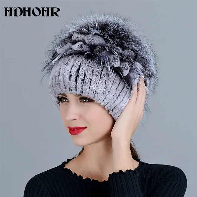 HDHOHR Лидер продаж зима Настоящее меховая шапка Для женщин из натурального кроличьего меха шапка с Серебряными Лисий Мех вязаные шапочки модные женские туфли с мехом кепки - Цвет: Черный