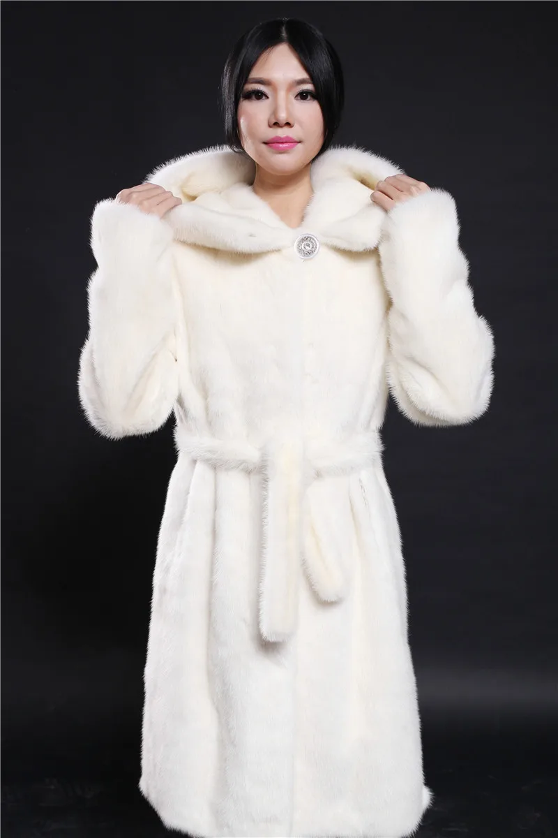 

Натуральное меховое Норковое Пальто, белое Норковое меховое пальто 90 см с большим капюшоном, модное длинное женское меховое пальто с поясом