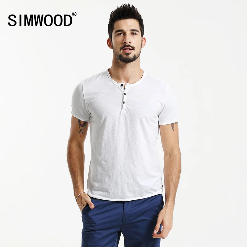 Simwood 2018 новые летние футболка Для мужчин Генри воротник Однотонная одежда Slim Fit