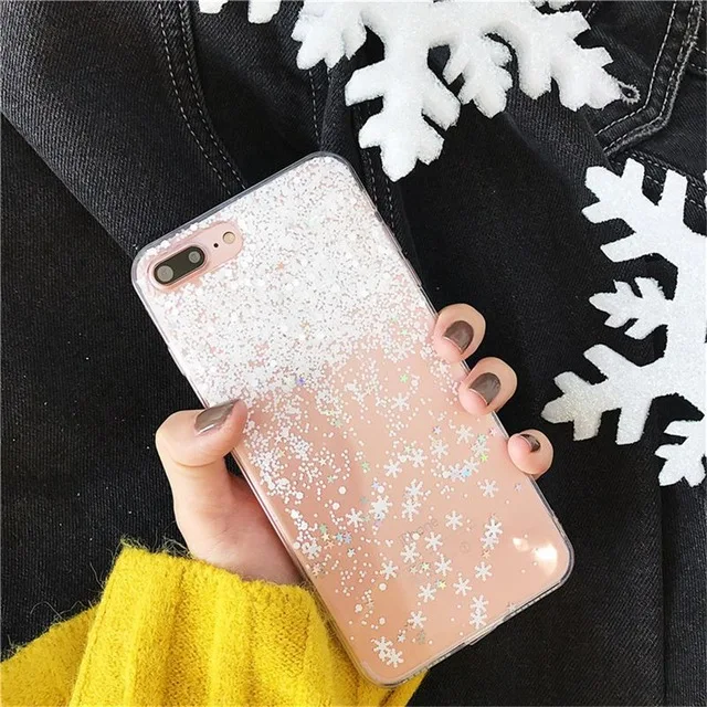 Transparent Шикарный чехол для iPhone xs xr 6s 7 8 plus Рождественский подарок xs max блестка зимняя Снежинка мягкий чехол для iPhone 6 7plus X fundas - Color: Transparent