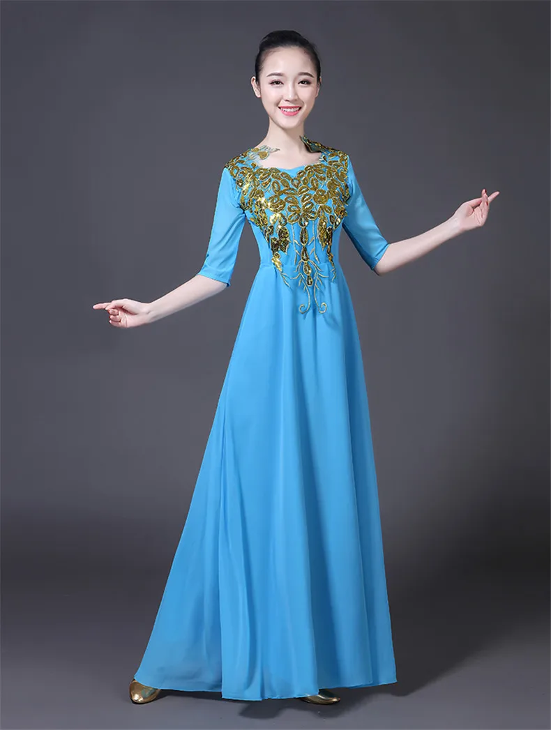 Китайский Hanfu хор представление Платье Женская юбка взрослый современный танец хост среднего возраста и пожилых выступлений платья