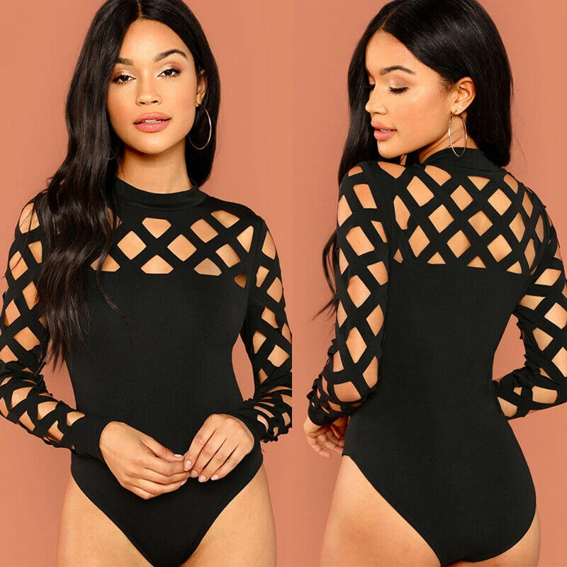 Модные новые женские повседневные сексуальные с длинным рукавом Bodycon Mesh holling твердые черные боди 2XL новое поступление