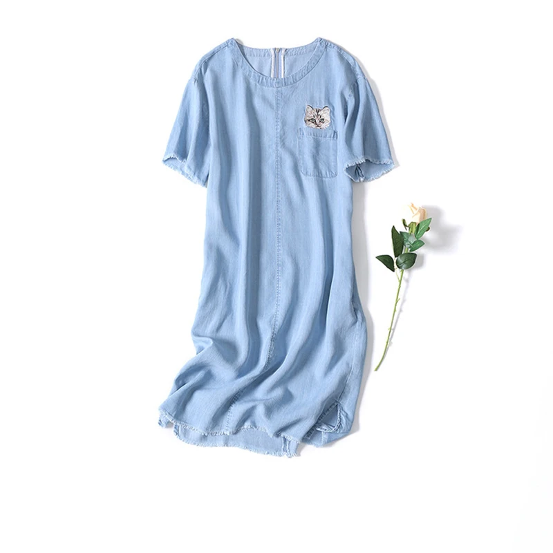 Женская вышитая Cat в карман Тенсел Dress 2017 summer fashion|cat in pocketfashion women |
