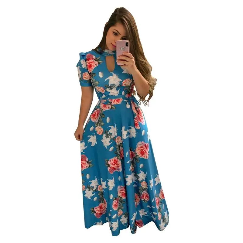 Blue Prite Dress Для женщин Большие размеры S-5XL Цветочный принт пляжные вечерние Макси платье Повседневное короткий рукав платье с набивным кружевом летние женские большие размеры Размеры Vestidos - Цвет: Blue Prite Dress