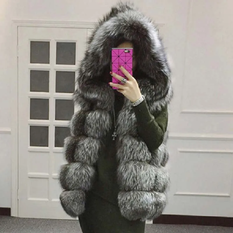 Silver fox color Задорина S-4XL женское меховое пальто с капюшоном новые зимние теплые сапоги из искусственного меха черно-бурой лисы меховой жилет Для женщин с высоким уровнем Класс Cappa, Модный Кардиган для девочки - Цвет: Silver fox color