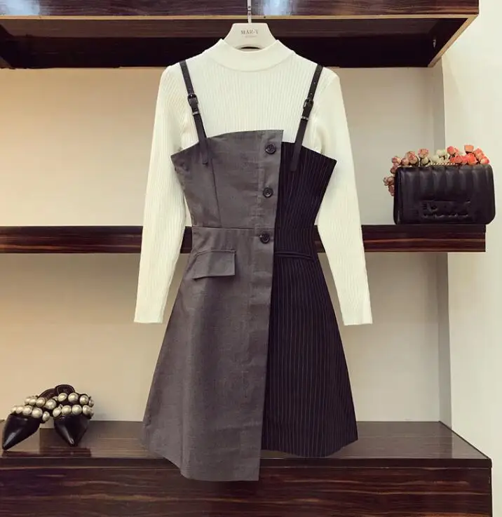 2 piece set Новинка, модный осенний женский белый вязаный Топ с длинным рукавом+ Полосатое лоскутное платье на подтяжках, Женский комплект из 2 предметов - Цвет: 2 piece set
