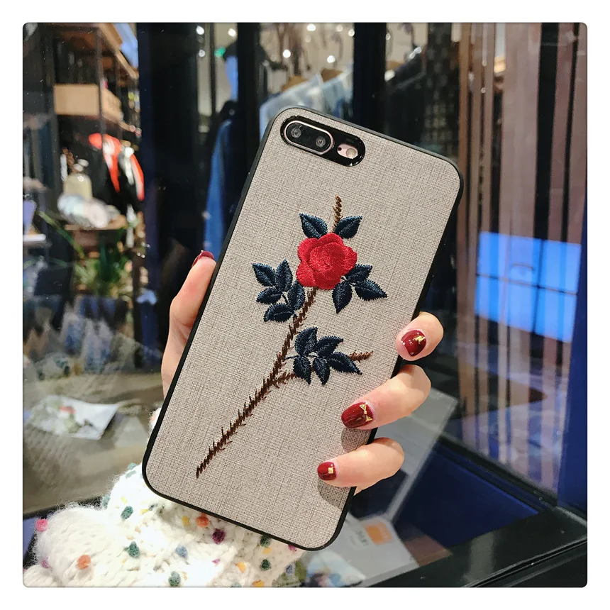 Роскошная вышитая крышка с цветком розы для iPhone 7 тонкий тканевый чехол X 8 6S 6 Plus 3D