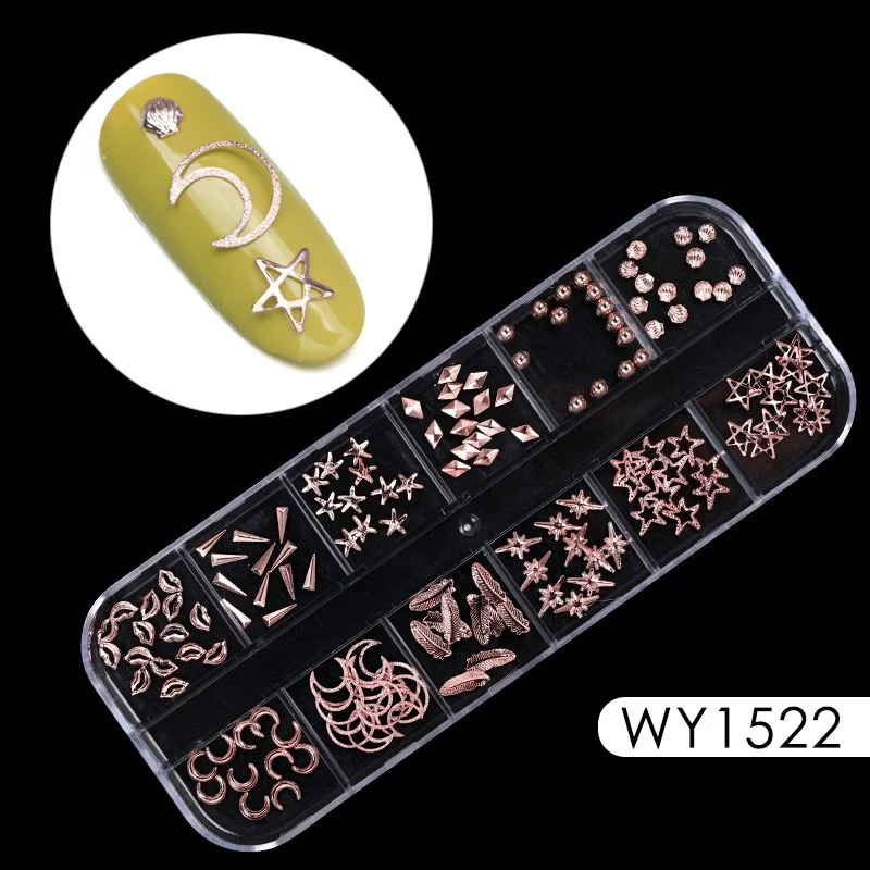 WY1522 12 решеток золотые, серебряные, полые 3D украшения для ногтей металлические заклепки для ногтей блестки Стразы DIY украшения для ногтей боди-арт - Цвет: WY1522