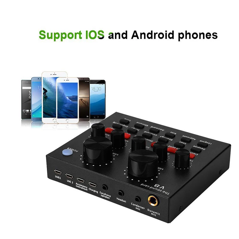 V8 звуковая карта аудио интерфейс внешний USB Live широковещательный микрофон Звуковая карта для компьютера PC мобильных телефонов Пение Запись