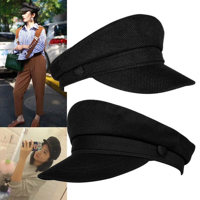 

Military Cap Women Black Cotton Linen Flat Top Hat Ladies Classic Solid Baker Hats Spring Female Sailor Army Caps gorros JM001