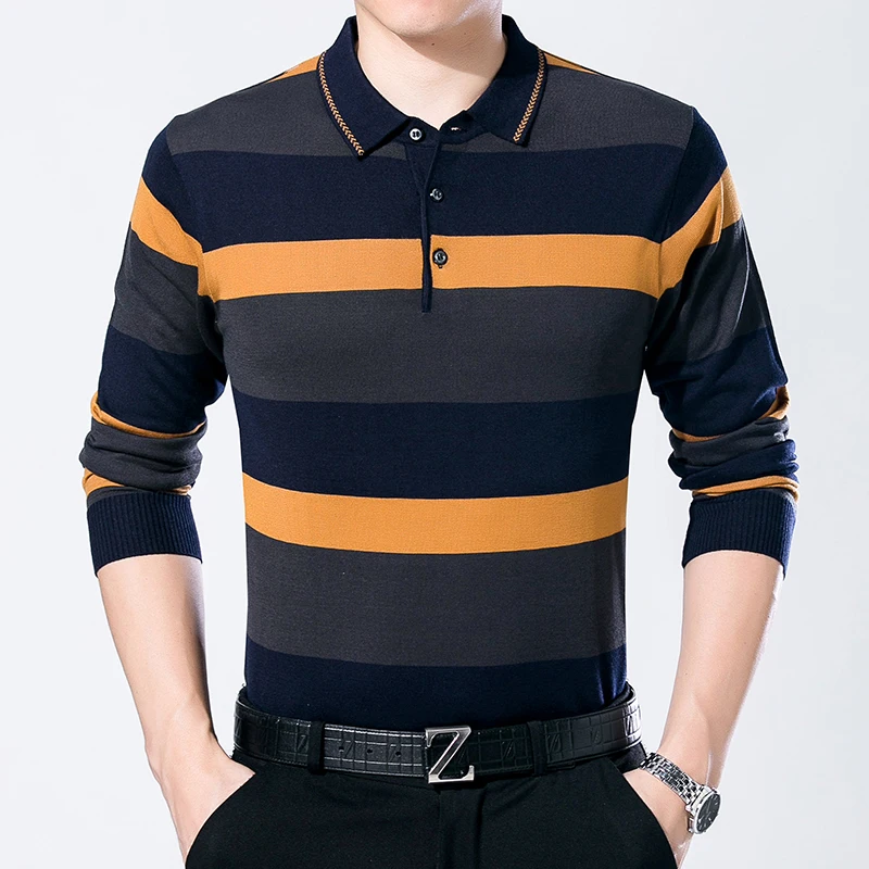 

Hot Sale Mens Autumn Hit Color Stripes Knit Shirt Long Sleeve Male Casual Turn-Down Collar Thin Sweater Shirt Pullpovers